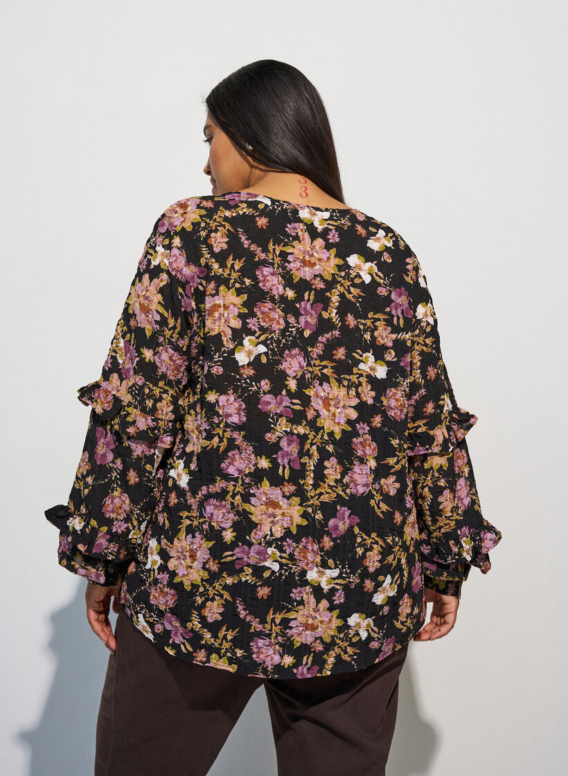 Bluse mit Blumenprint und R&uuml;schendetails, Schwarz, Model image number 2