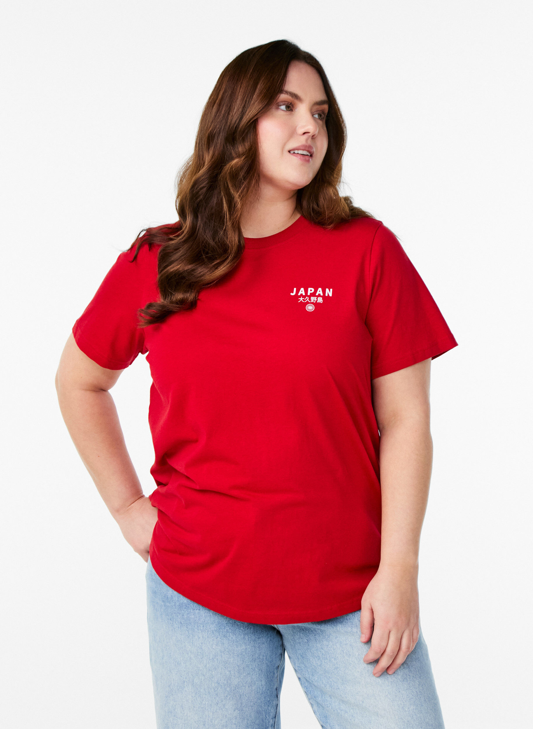 T-shirt avec imprim&eacute; de texte et col rond, Rouge, Model
