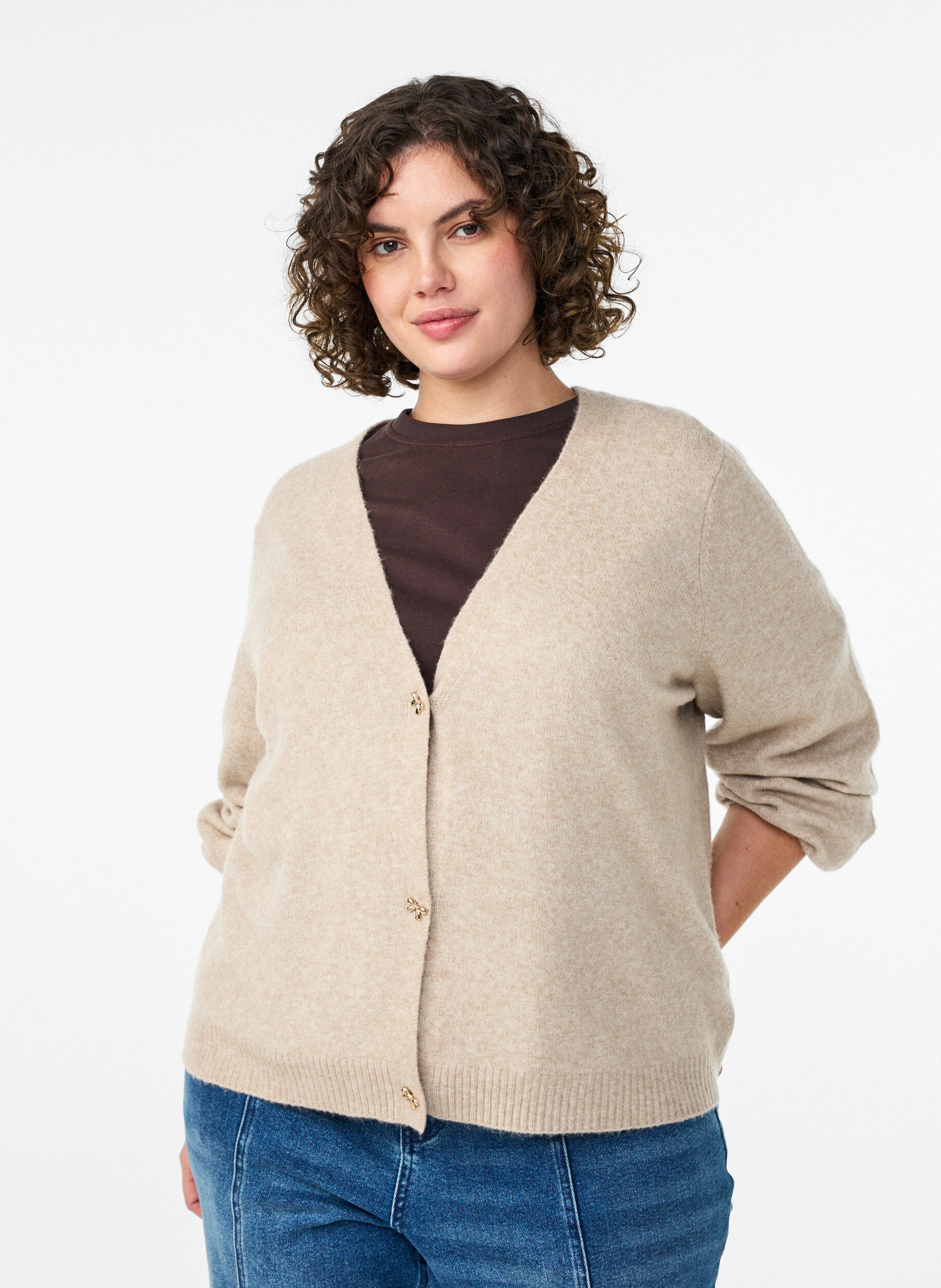 Strickjacke mit Wolle und Schleifenkn&ouml;pfen, Beige, Model