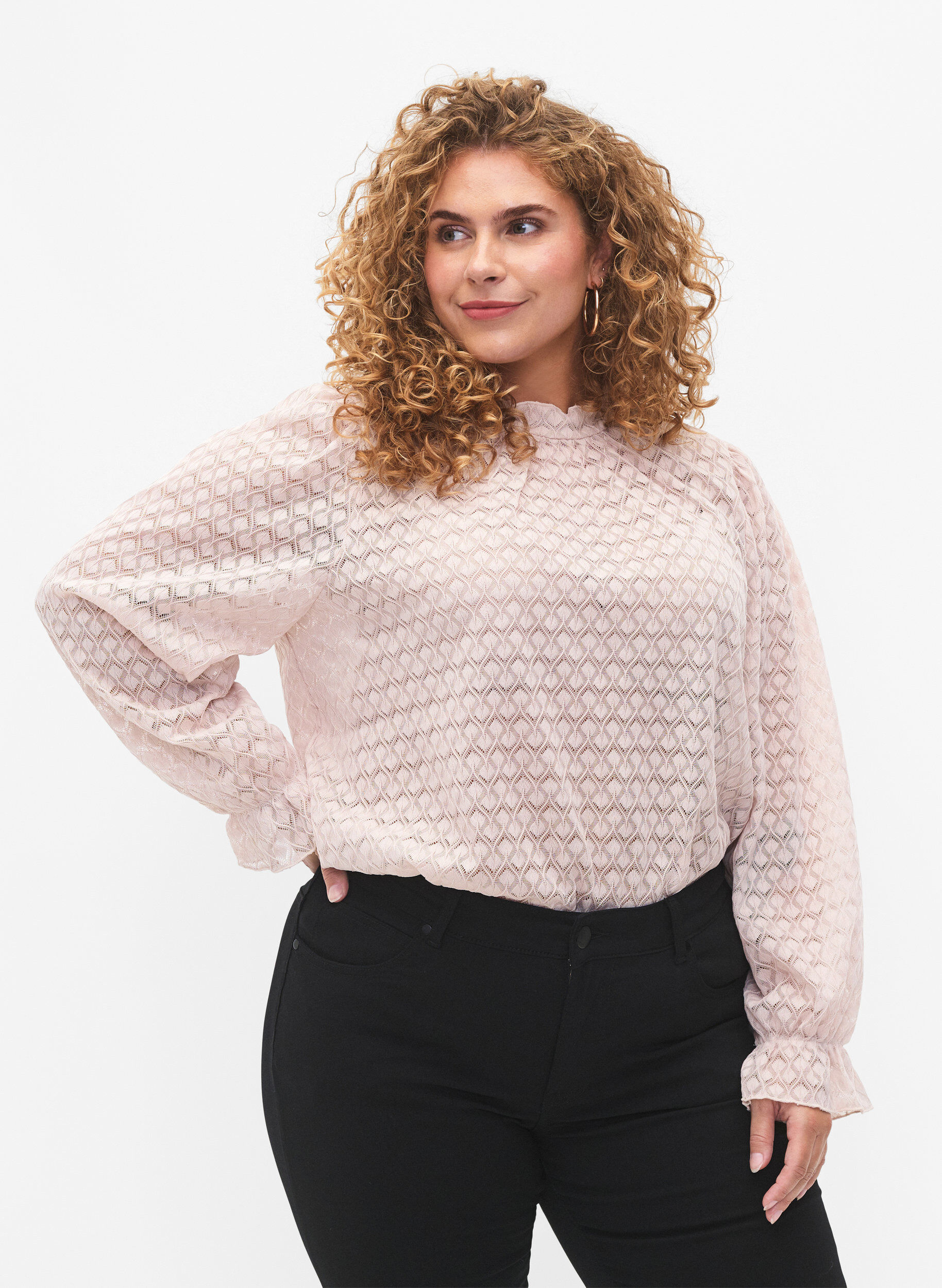 Zizzi Lang&auml;rmelige Bluse mit gemusterter Textur, Whisper Pink, Model image number 0