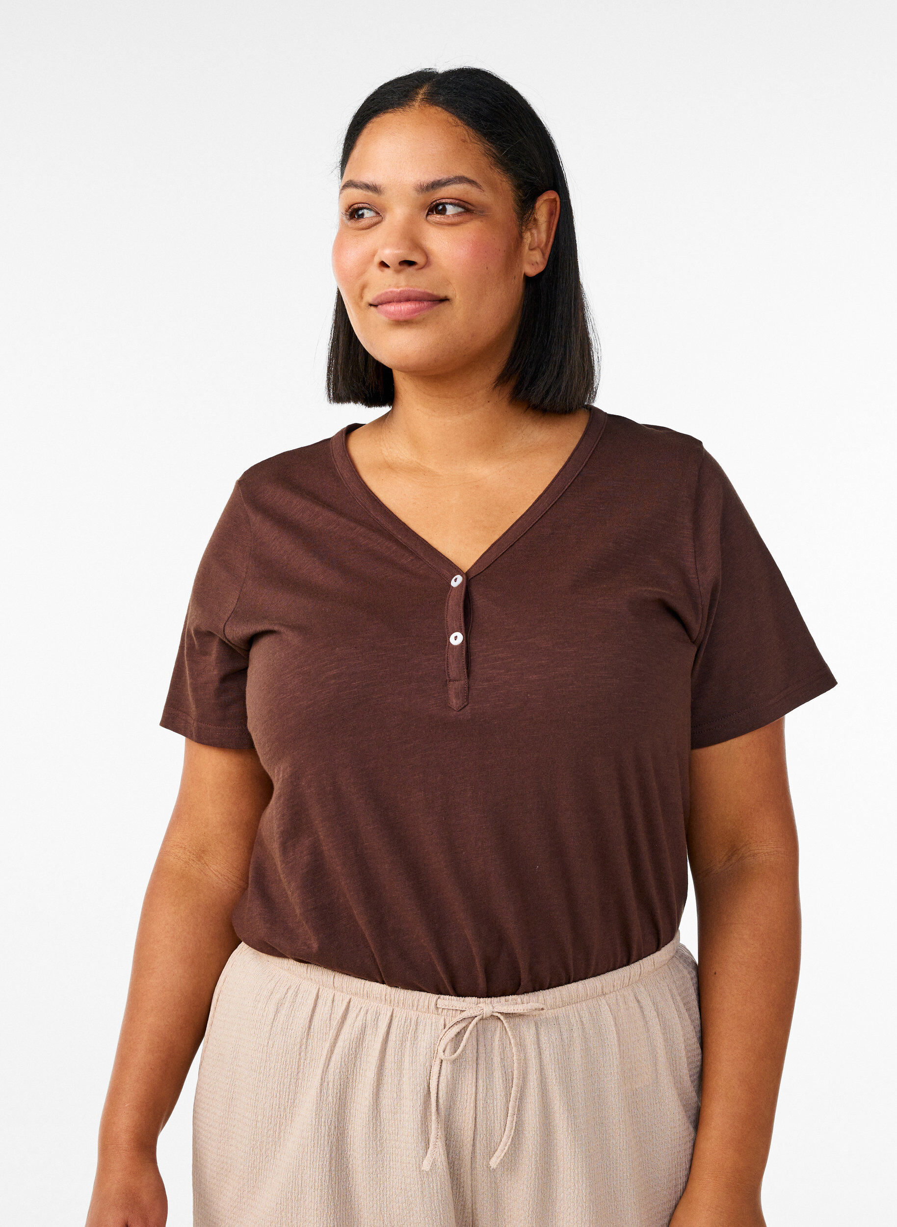 ZizziT-shirt dot&eacute; de boutons, Marron, Model image number 0