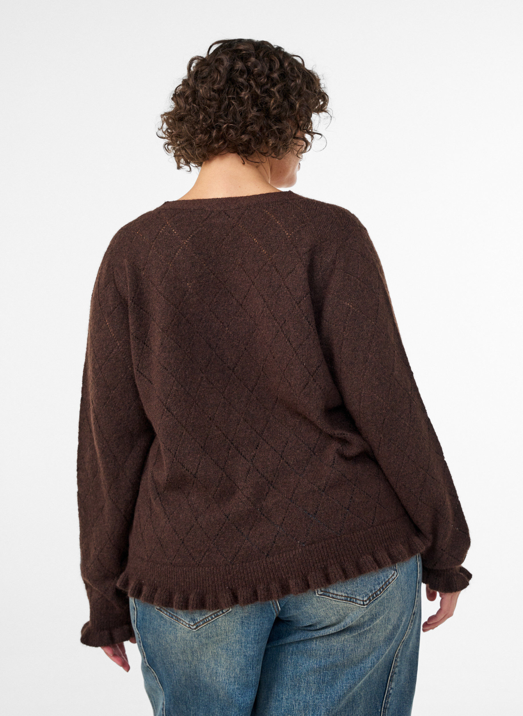 ZizziCardigan &agrave; motif arlequin et col en V, Marron, Model image number 2