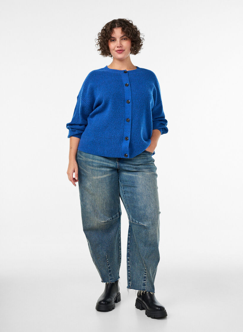 Rippenstrick Strickjacke mit Kn&ouml;pfen, Blau, Model image number 1