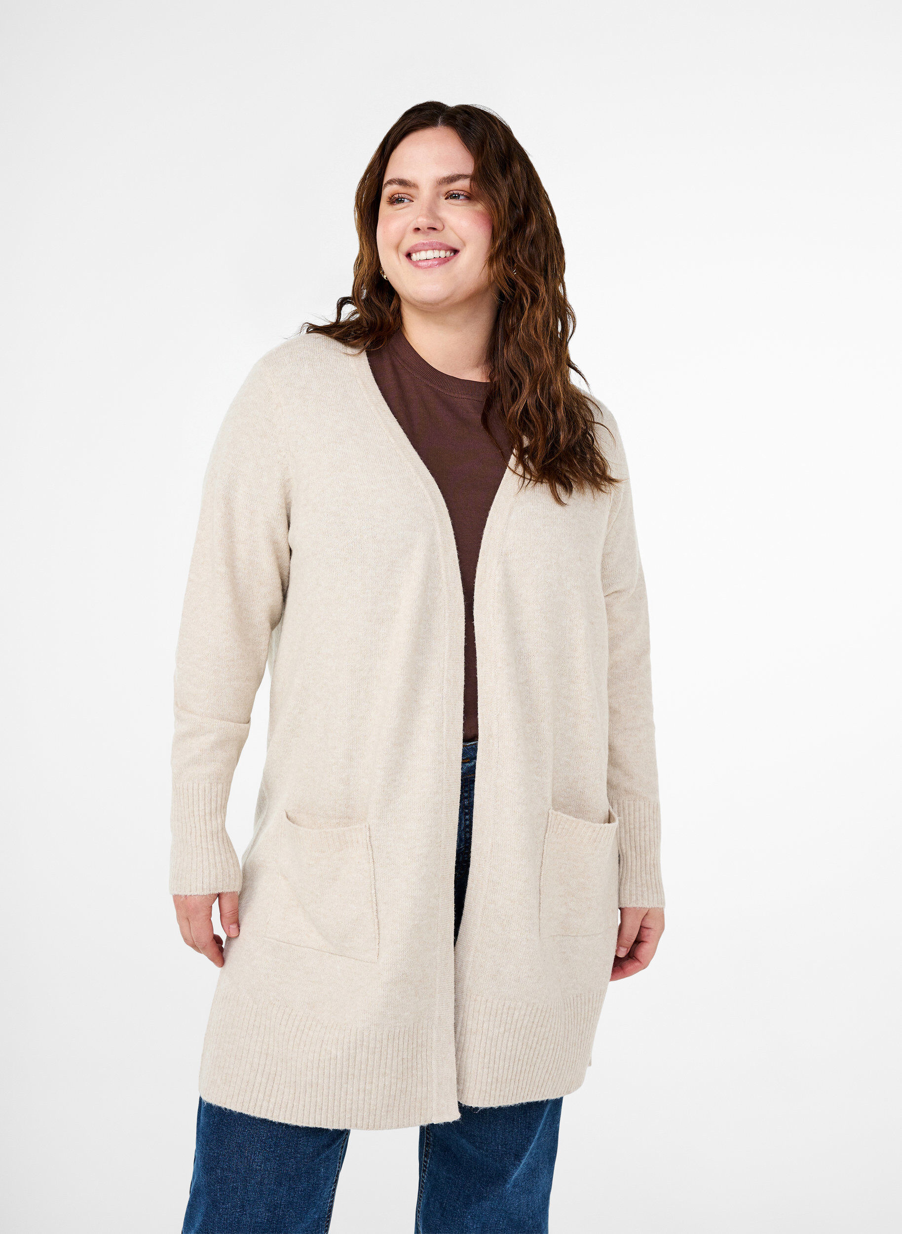 ZizziStrickjacke mit Rippenstrick und Taschen, Beige, Model image number 0
