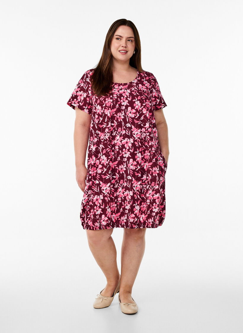 Robe en coton à manches courtes avec imprimé, Bordeaux foncé, Model image number 1