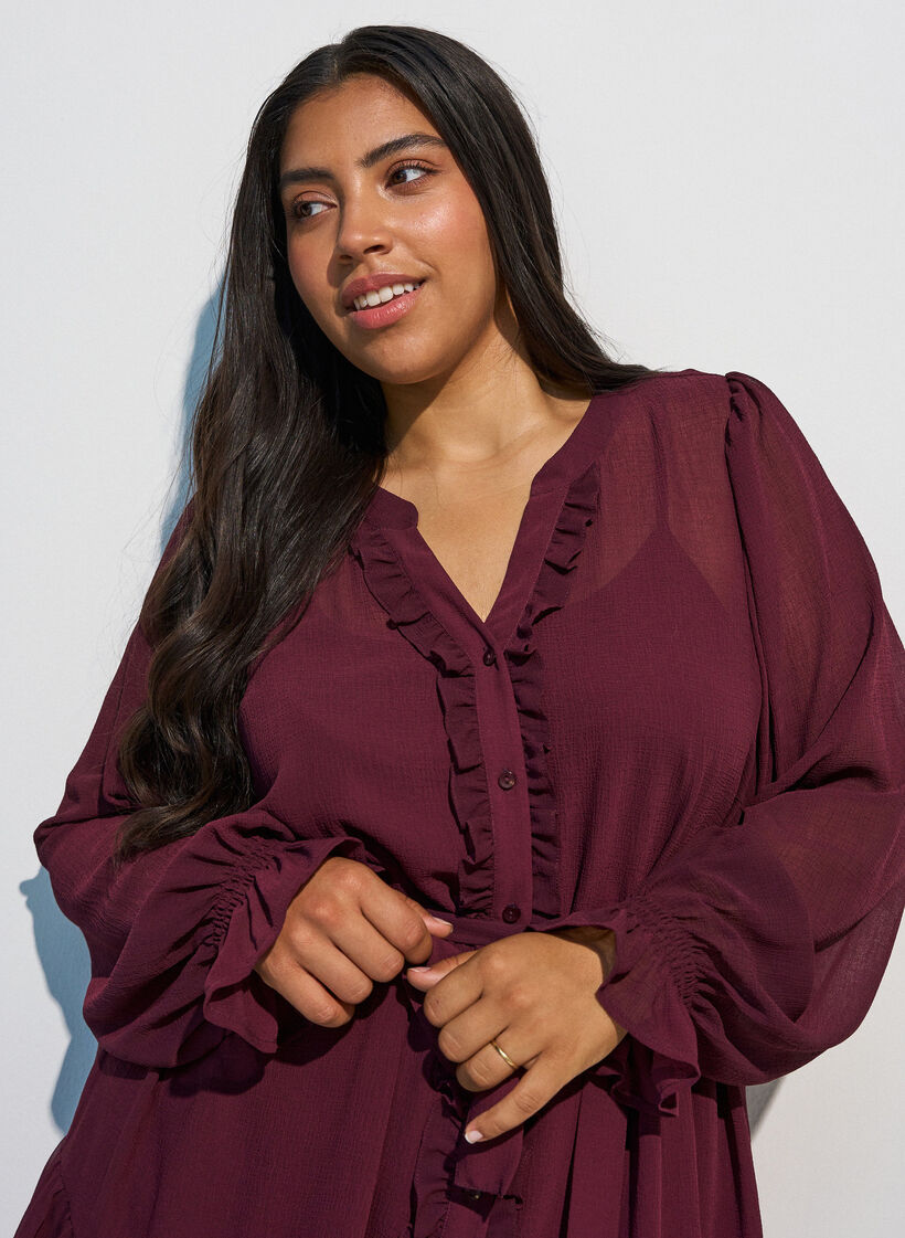 Kleid aus leichtem Webstoff mit R&uuml;schen und Bindeg&uuml;rtel, Rot, Model image number 3