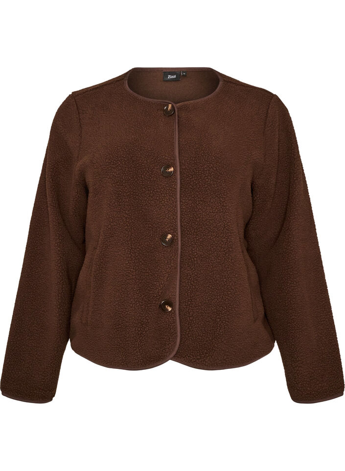 Teddyjacke mit Rundhalsausschnitt und Kn&ouml;pfen, Braun, Packshot image number 0