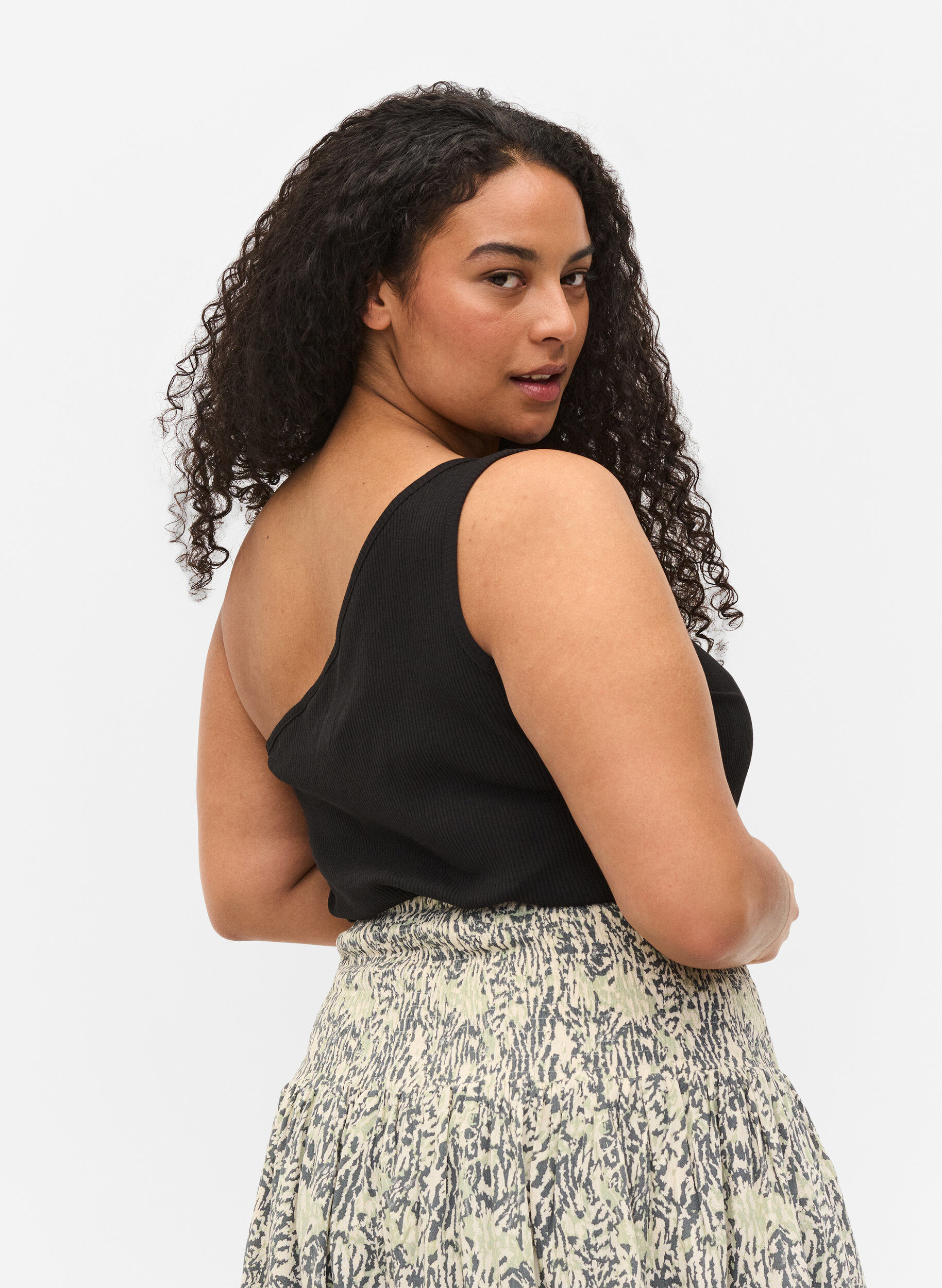 Zizzi One-Shoulder Top aus Baumwolle, Black, Model image number 1