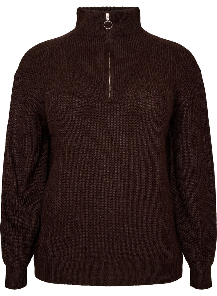 Strickpullover mit hohem Kragen und Rei&szlig;verschluss, Braun, Packshot image number 0