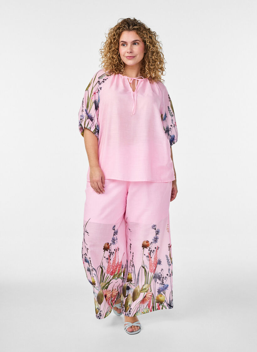 Bluse mit Bindedetail und gebl&uuml;mten &Auml;rmeln, Pink, Model