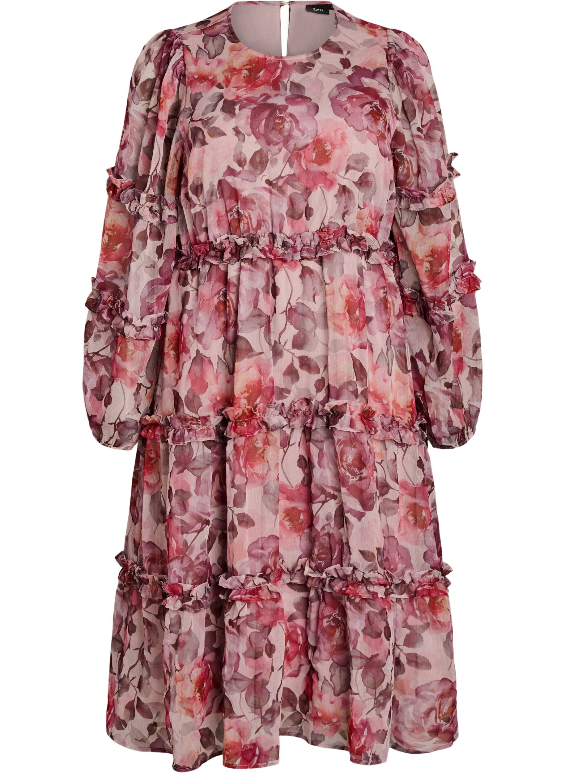 Zizzi Robe midi &agrave; fleurs avec volants et manches transparentes, Rose, Packshot image number 0