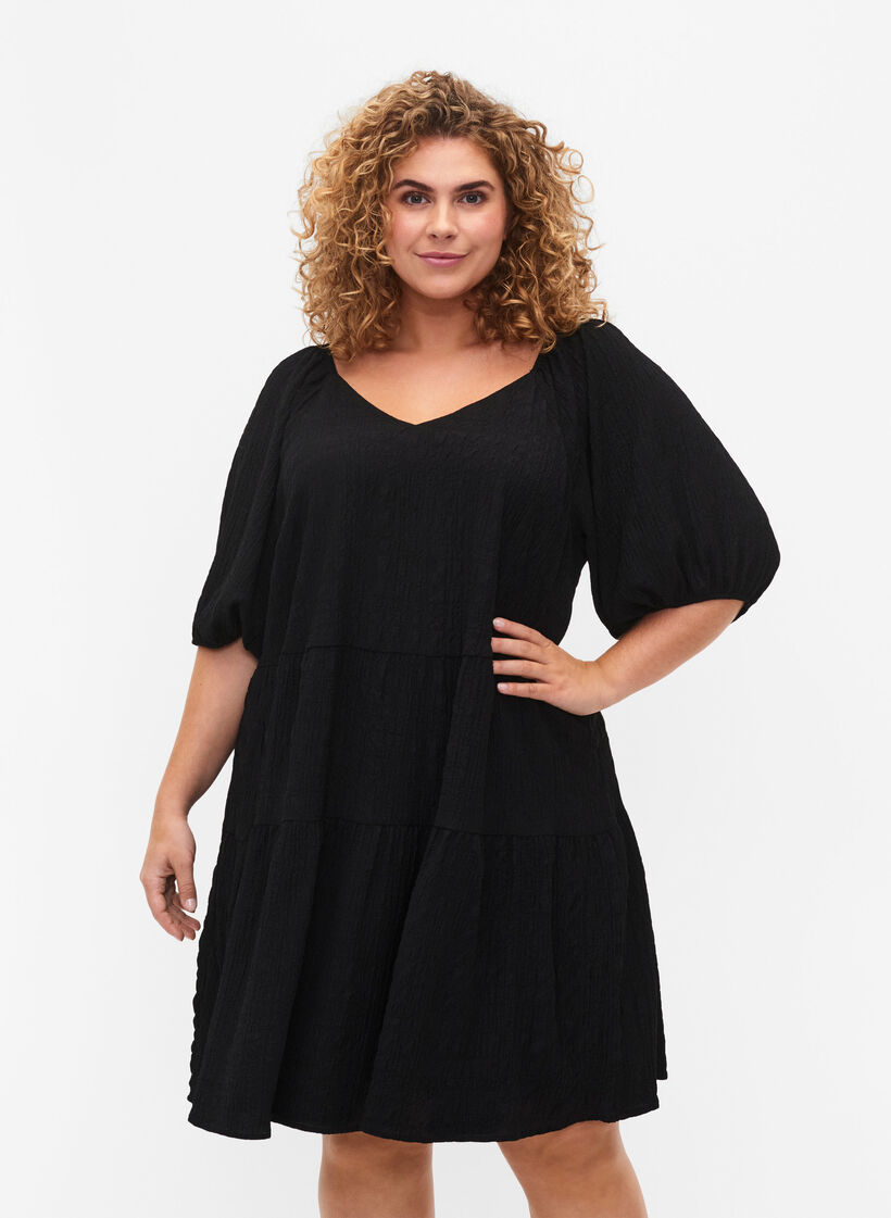 Robe courte en forme de A avec un col en V, Black, Model image number 0