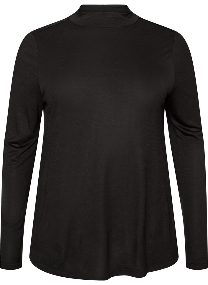 Blouse &agrave; col montant en jersey de viscose, Noir, Packshot image number 0