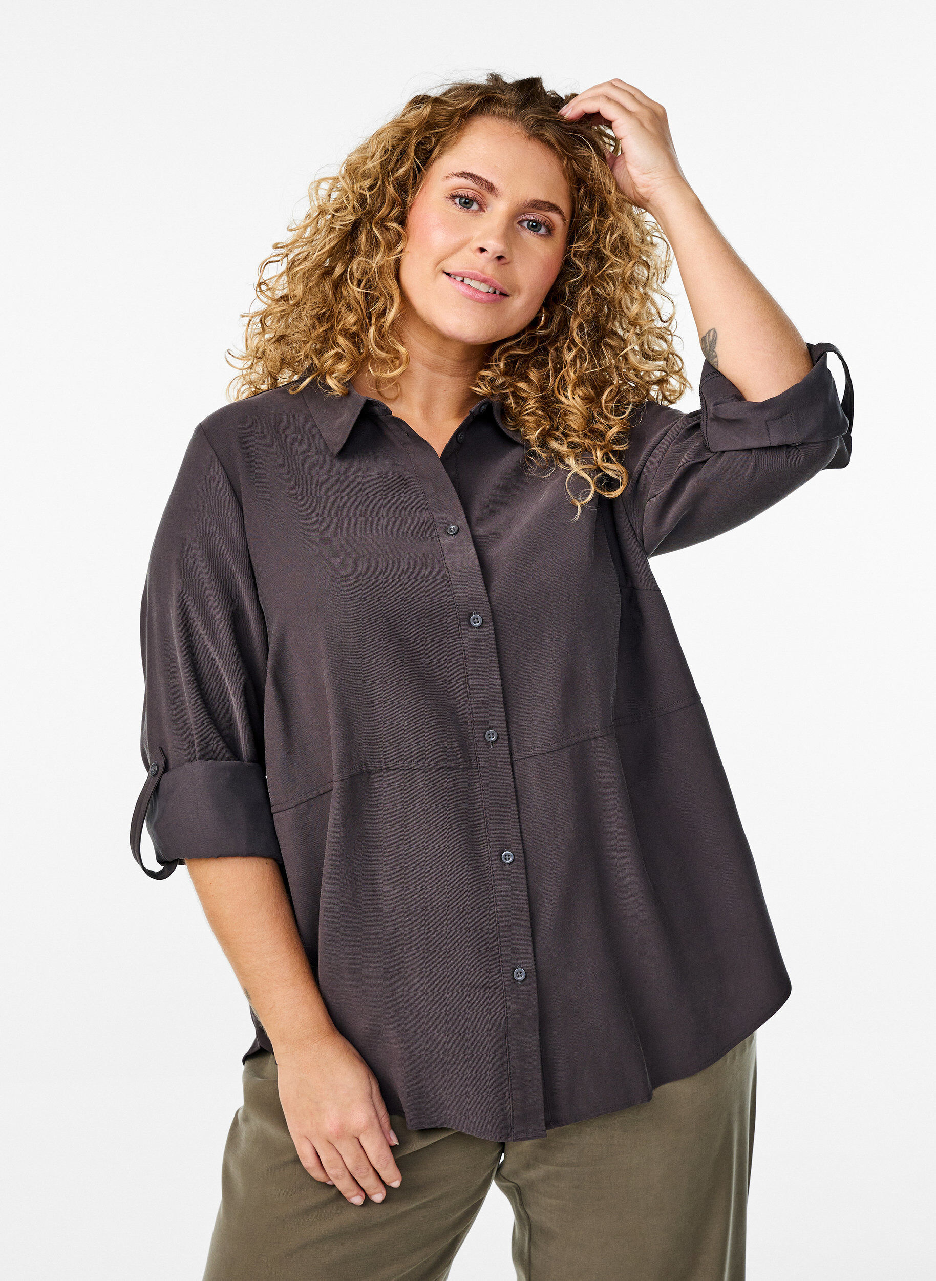 Zizzi FLASH - Bluse mit Kragen und &Auml;rmeln zum Hochkrempeln, Grau, Model image number 0