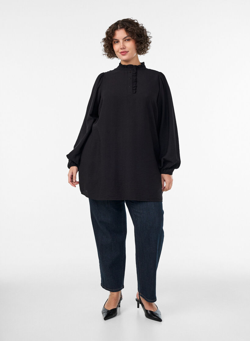 Tunique en viscose avec volants et boutons, Noir, Model image number 1
