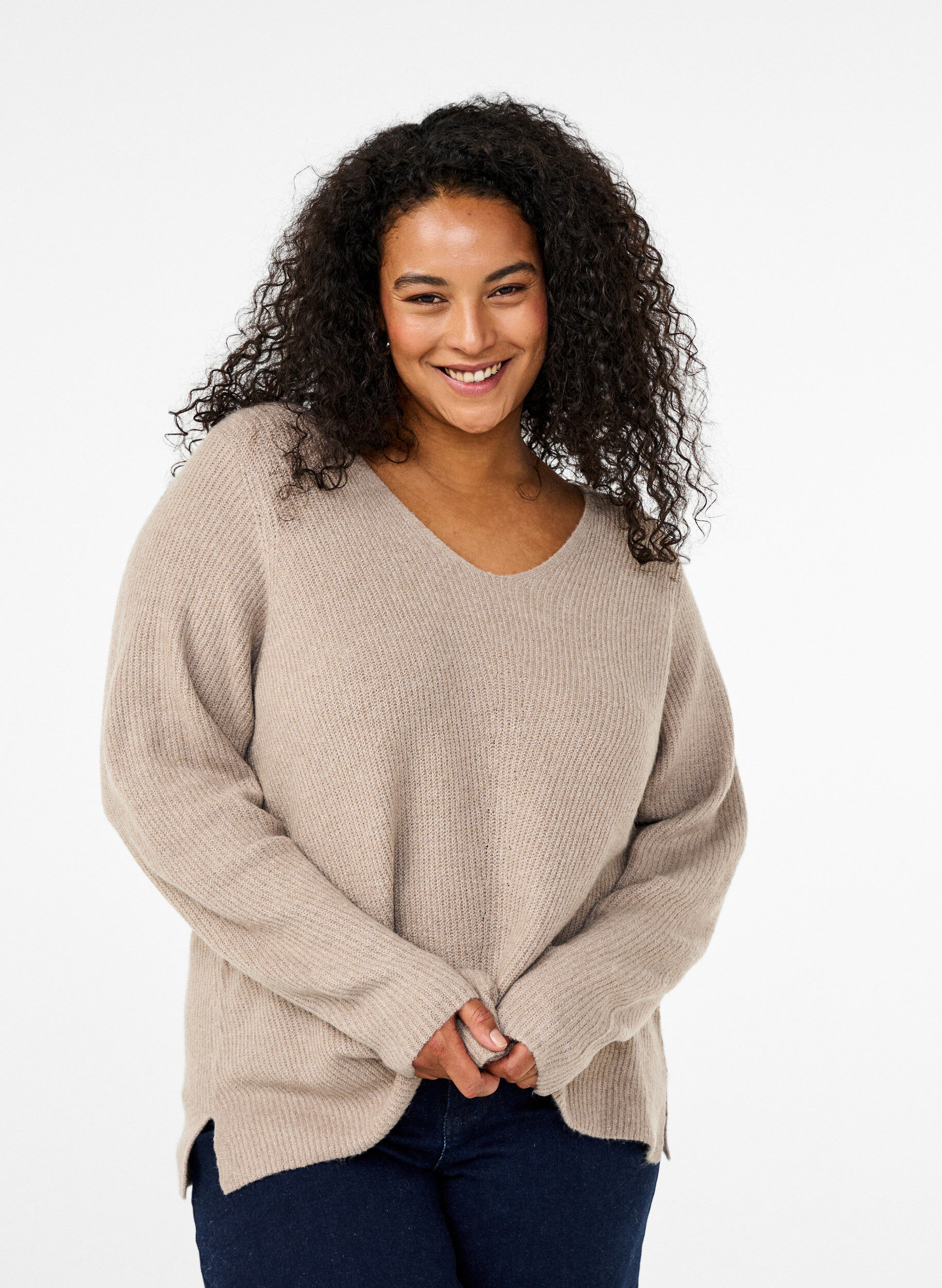 Zizzi Strickbluse mit V-Ausschnitt und langen &Auml;rmeln, Simply T. White Mel., Model image number 0