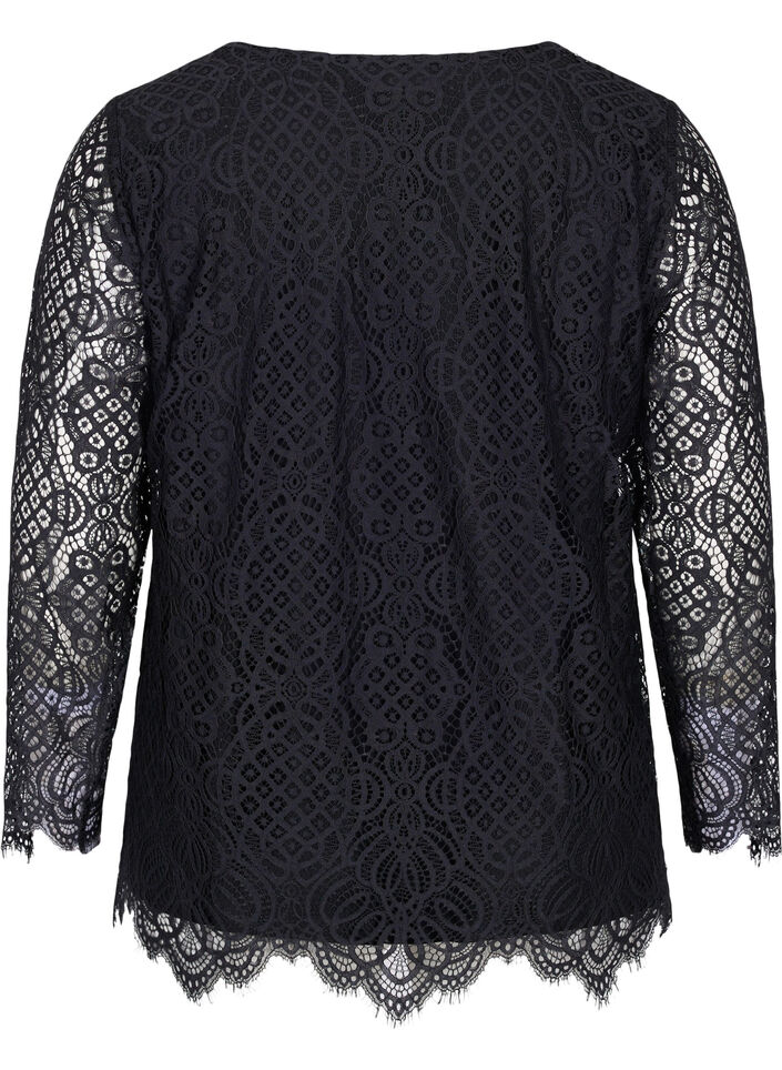 Blouse en dentelle à manches longues avec col en V, Black, Packshot image number 1