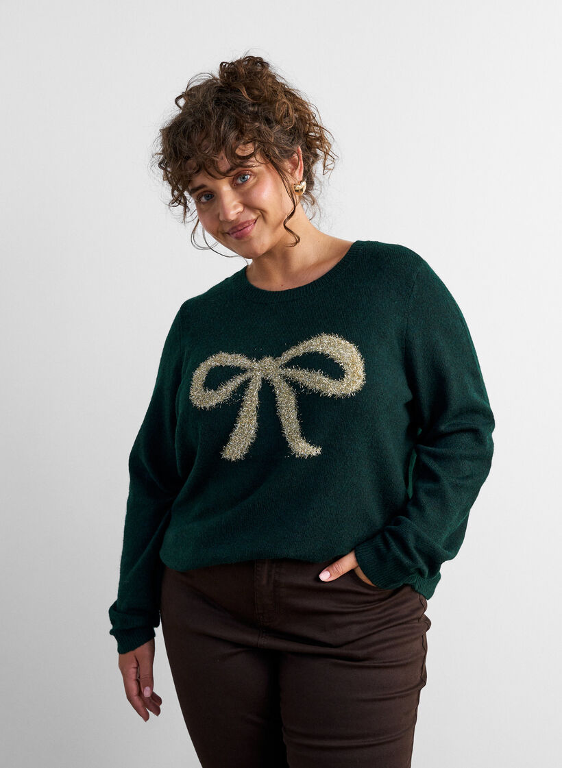 Pull avec n&oelig;ud &agrave; paillettes, Vert fonc&eacute;, Model image number 0