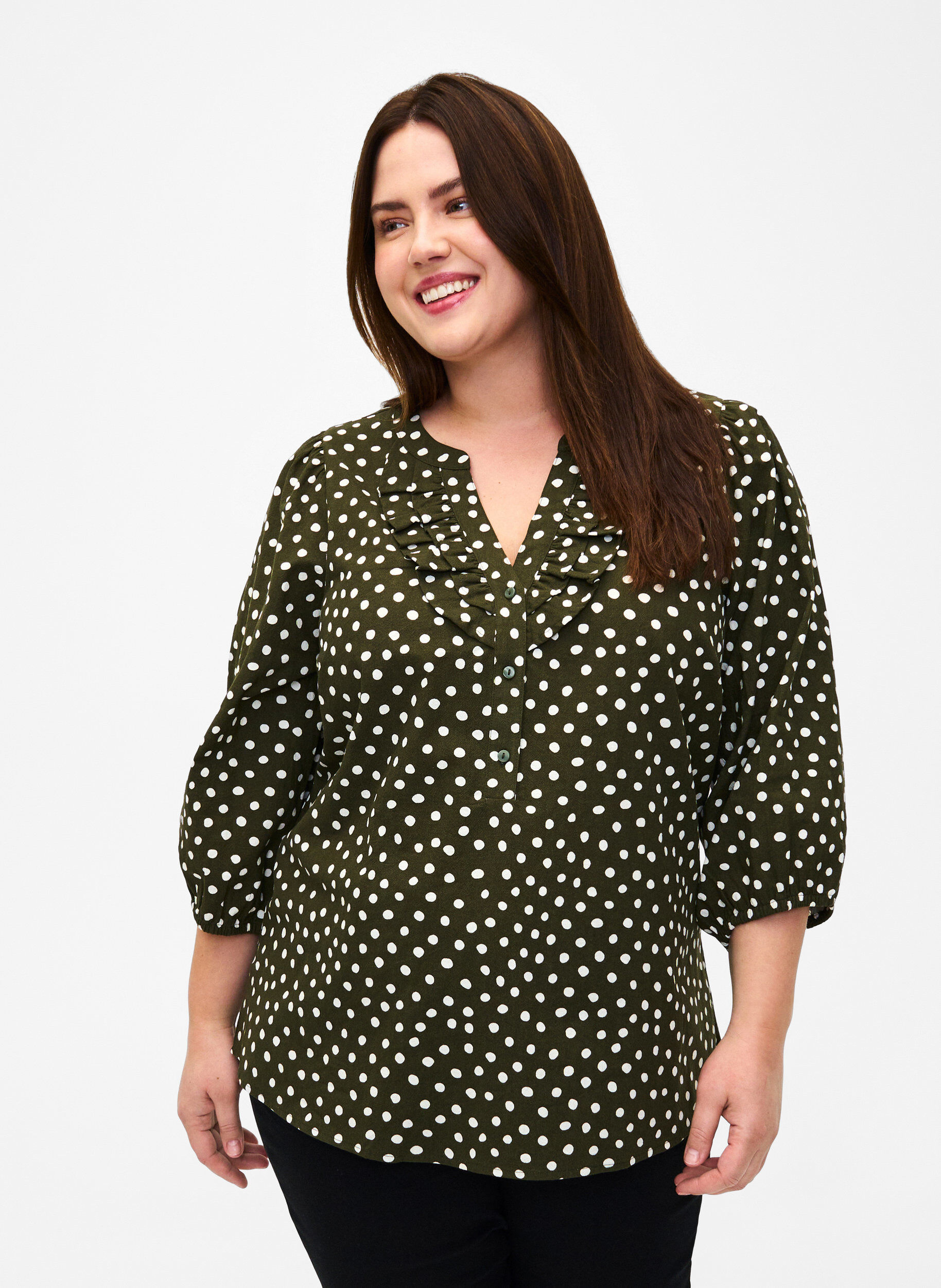 Zizzi  Baumwollbluse mit 3/4-&Auml;rmeln und Punkten, Forest Night Dot, Model image number 0