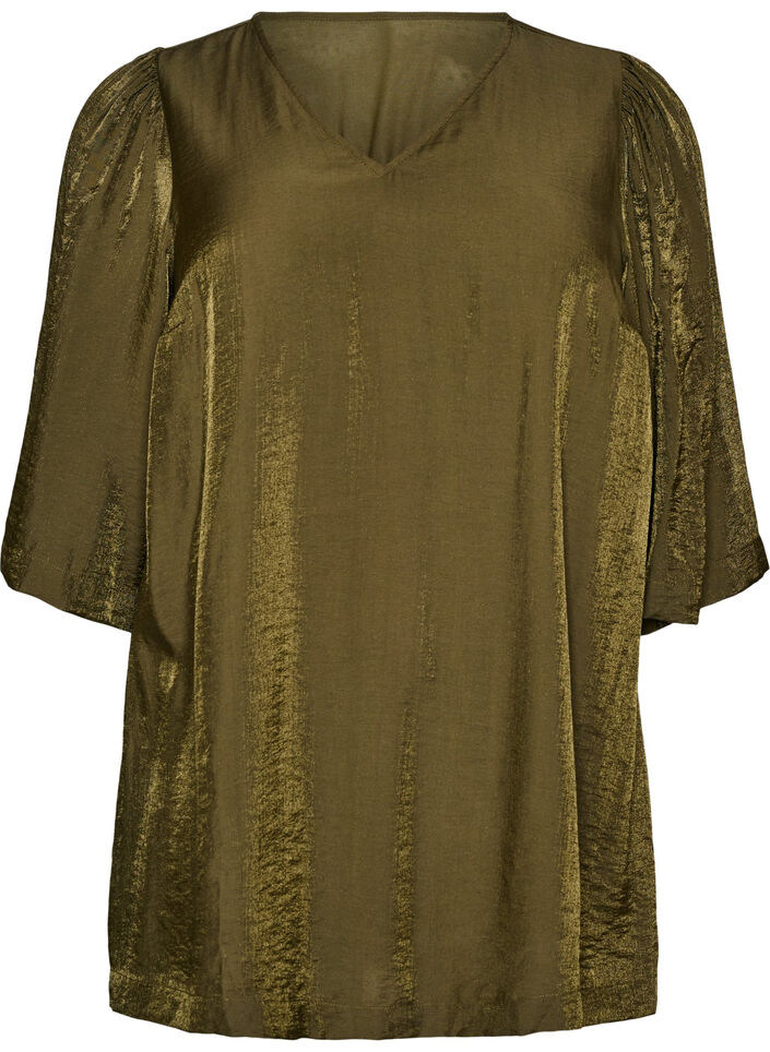 Tunique brillante avec col en V et manches 3/4, Vert Kaki, Packshot image number 0