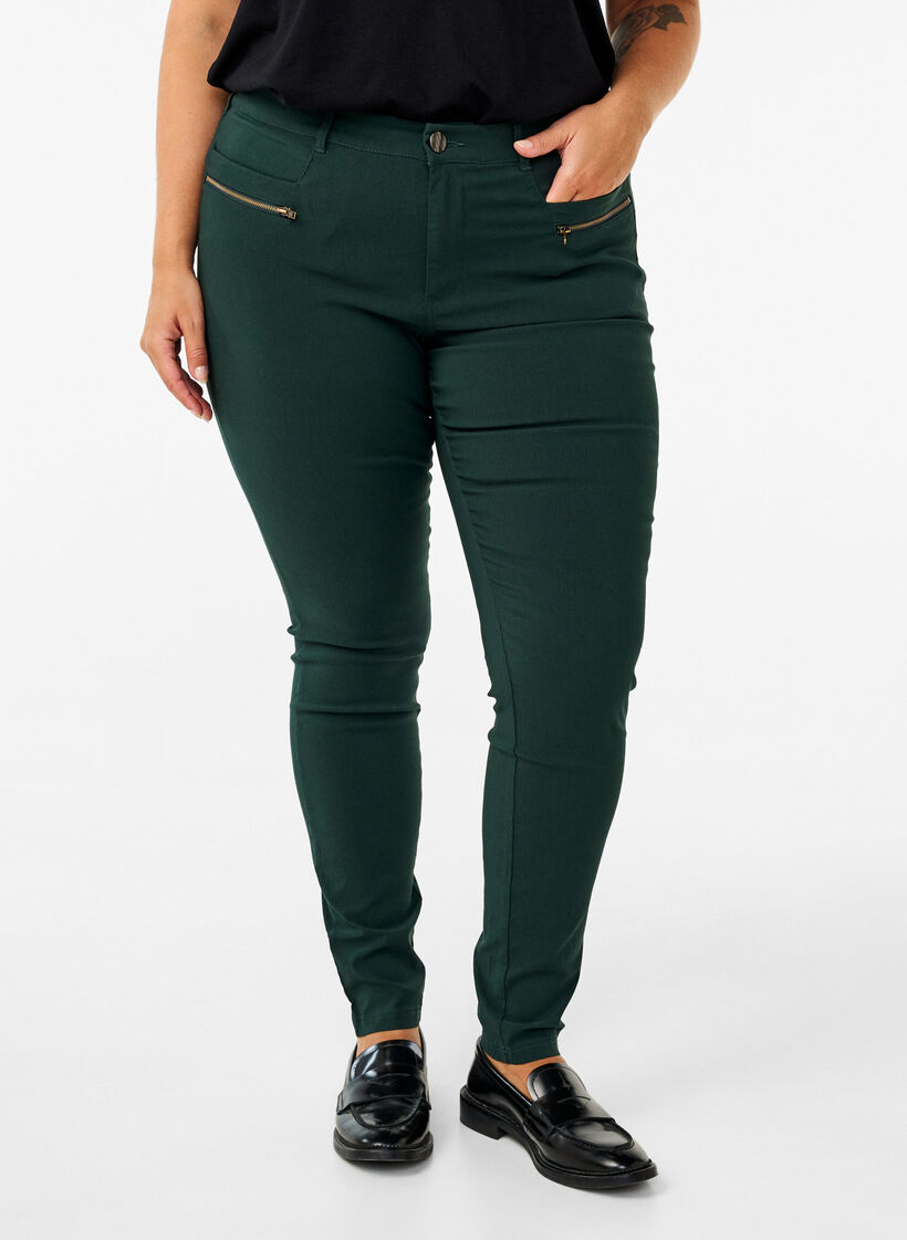Pantalon moulant avec détails de fermetures éclairs , Vert foncé, Model image number 2