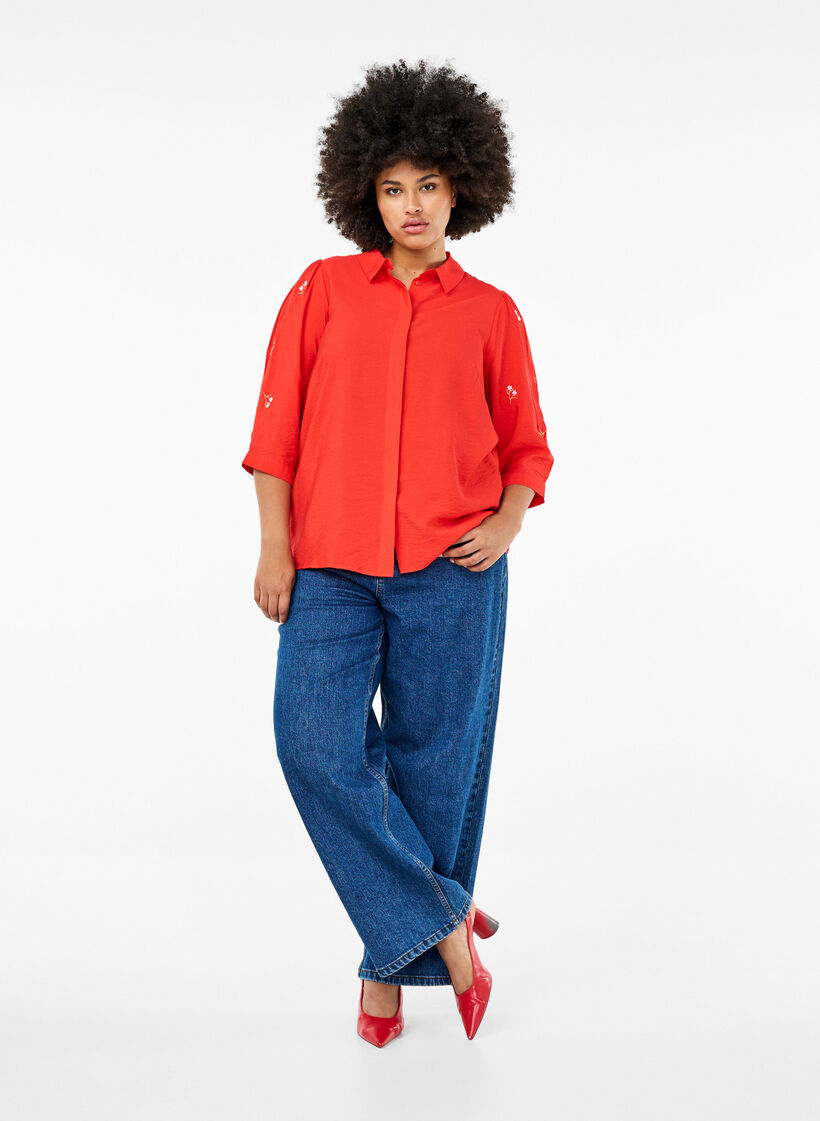 Chemisier à manches 3/4 et broderie en motif floral, Flame Scarlet, Model image number 2