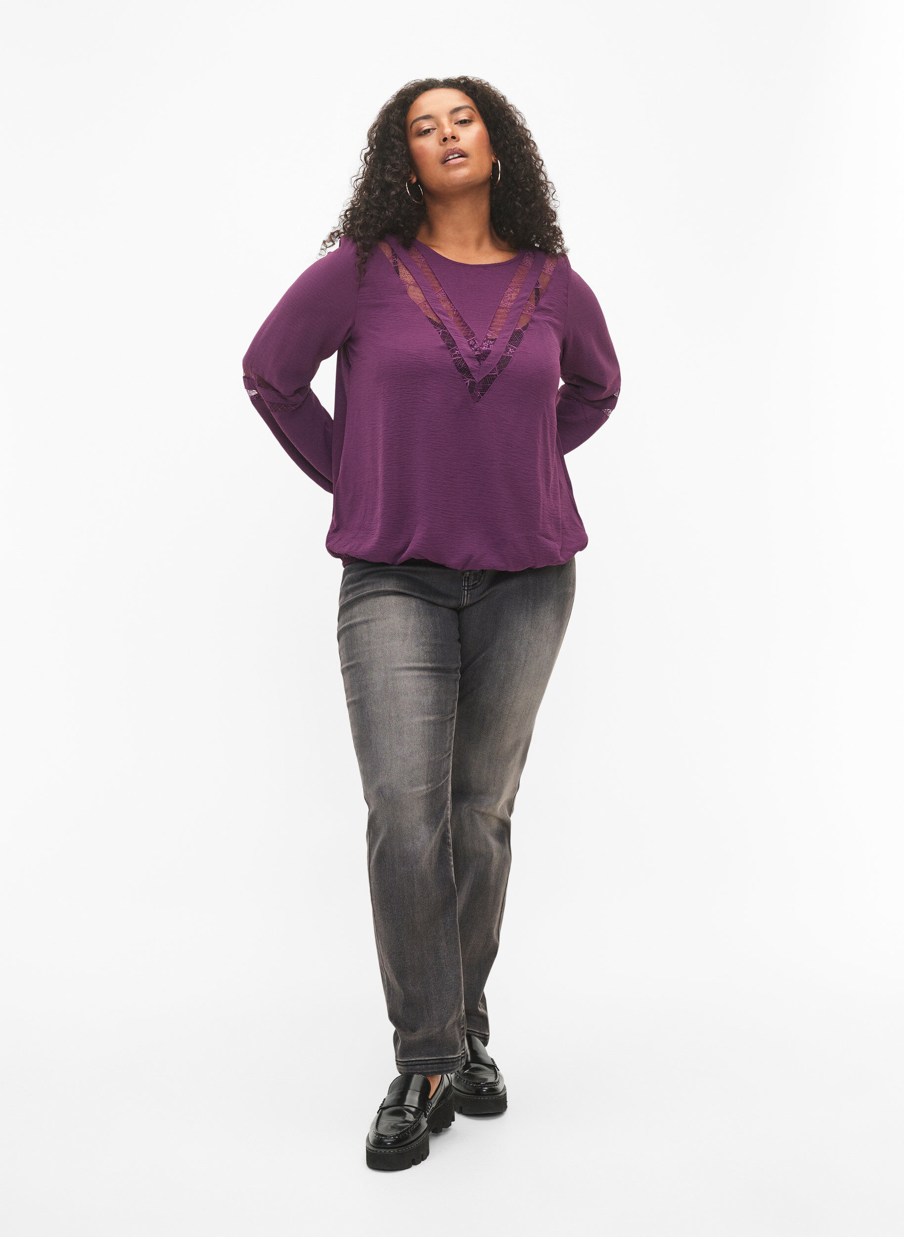 Zizzi  Langarm-Bluse mit Spitze, Deep Purple, Model image number 2