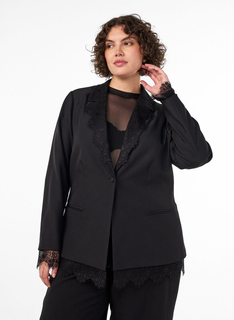 Blazer avec finitions en dentelle, Noir, Model