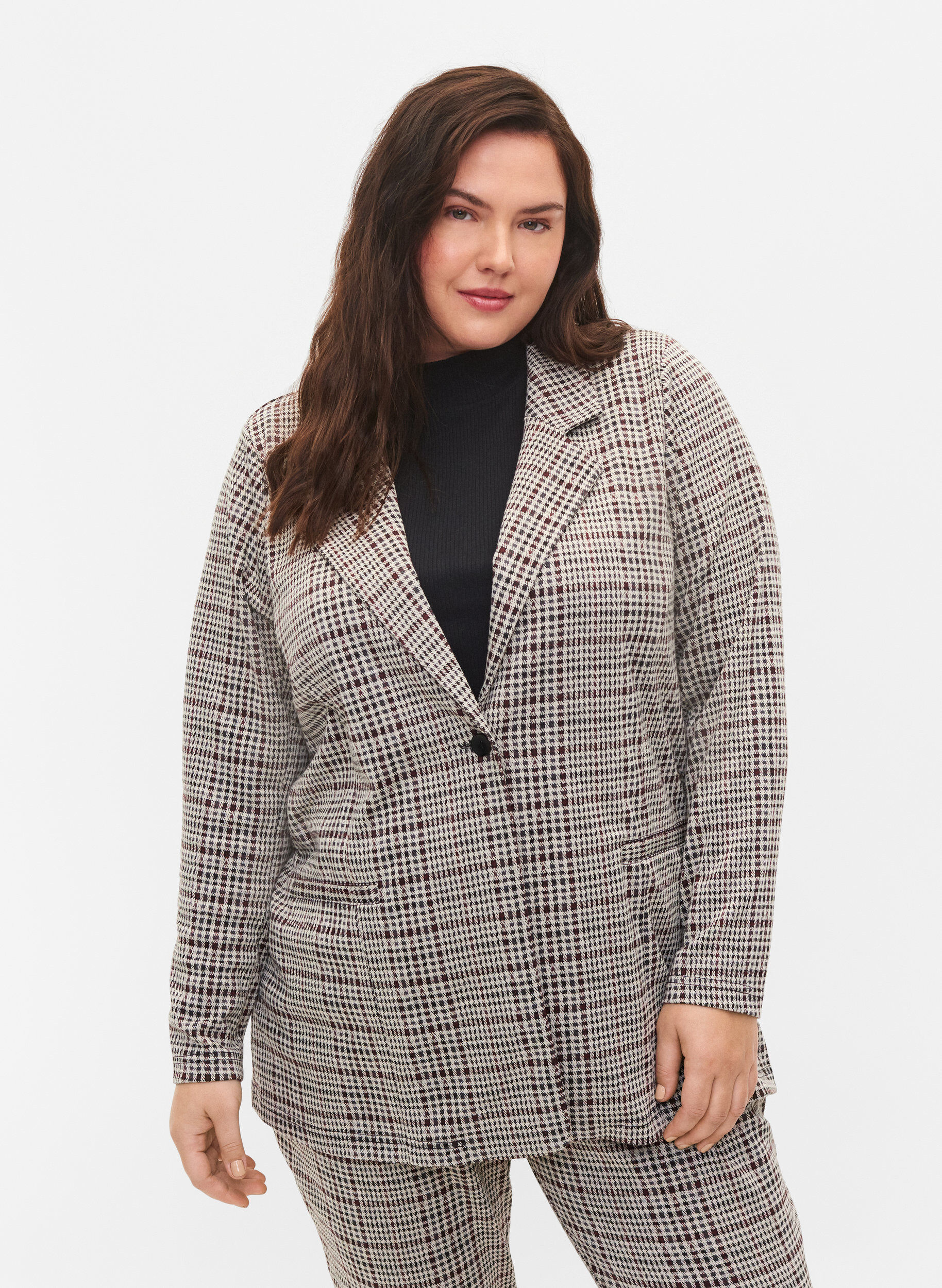 Zizzi Karierter Blazer mit Knopfverschluss, Brown Check, Model image number 0