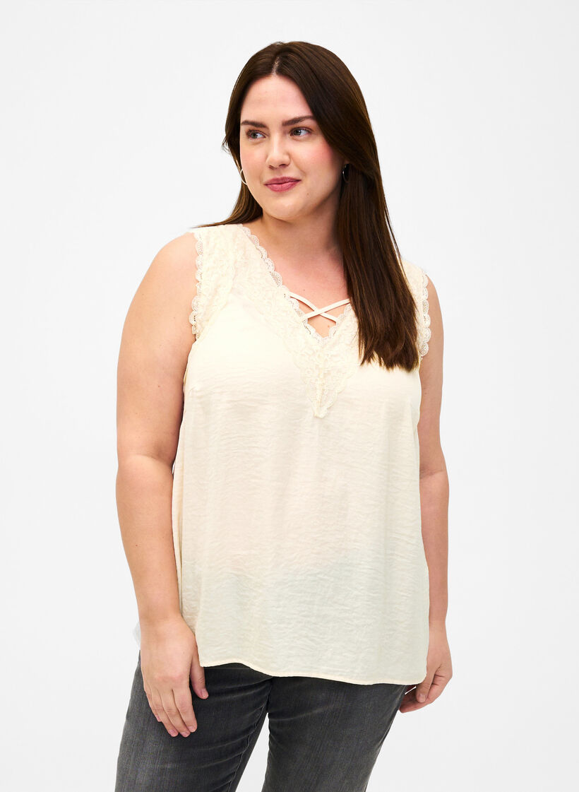 Oberteil mit Spitze und Kreuzdetail, White Smoke, Model image number 0