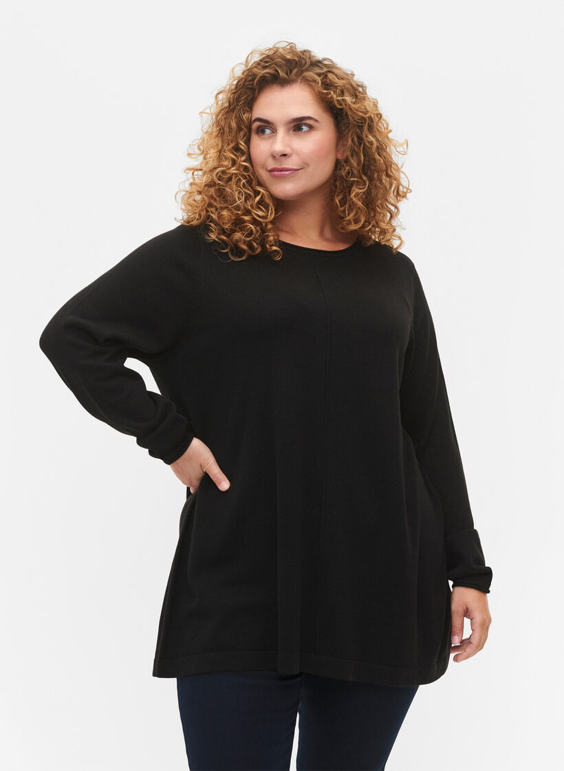 Blouse tricot&eacute;e en m&eacute;lange coton-viscose, Noir, Model image number 0