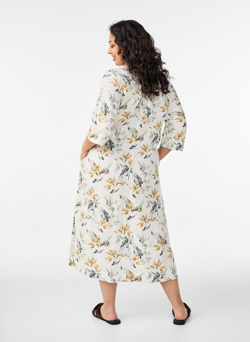 Robe midi en lin et viscose avec manches mi-longues, Blanc, Model image number 1