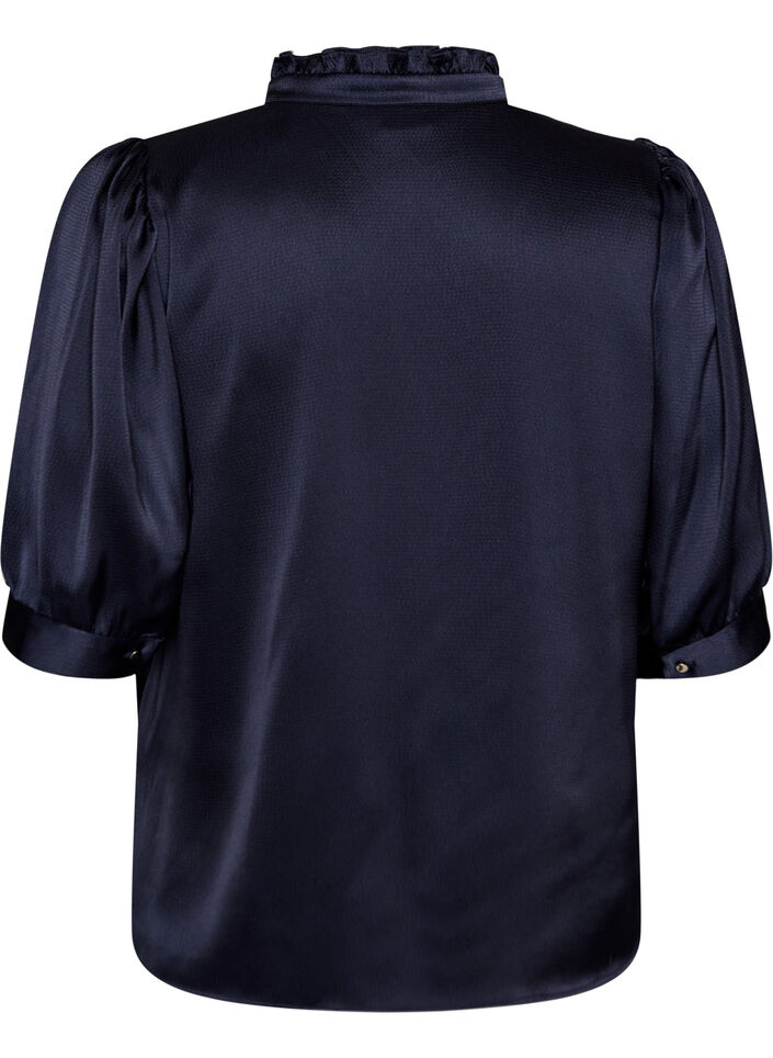 Blouse satin&eacute;e avec manches courtes et col &agrave; volants, Bleu, Packshot image number 1