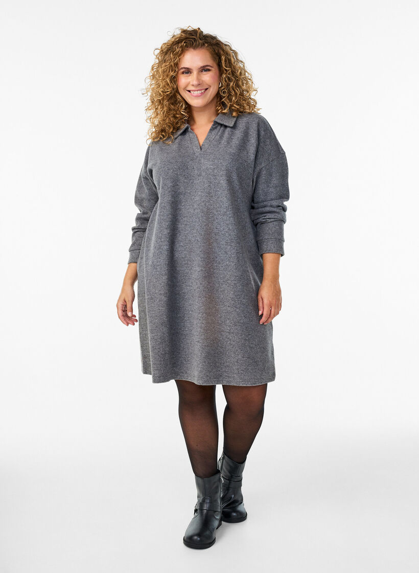 Knielanges Kleid aus Jersey mit V-Ausschnitt und Kragen, Grau, Model image number 0