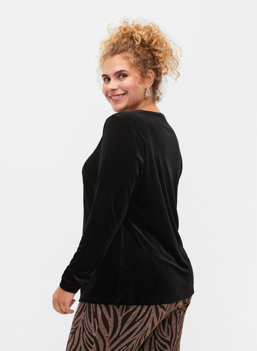 Blouse en velours à manches longues, Black, Model image number 1