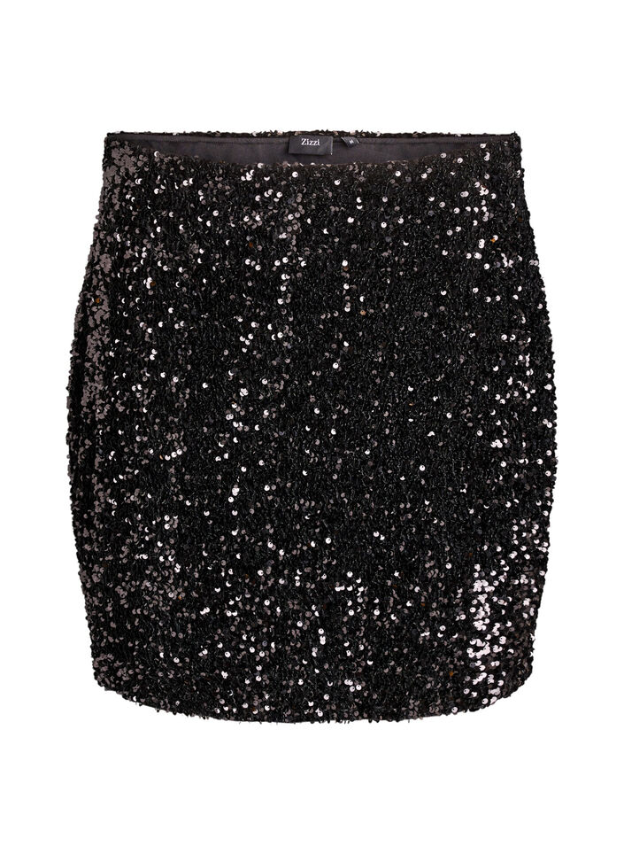 Jupe courte à sequins avec une ceinture élastique, Noir, Packshot image number 0
