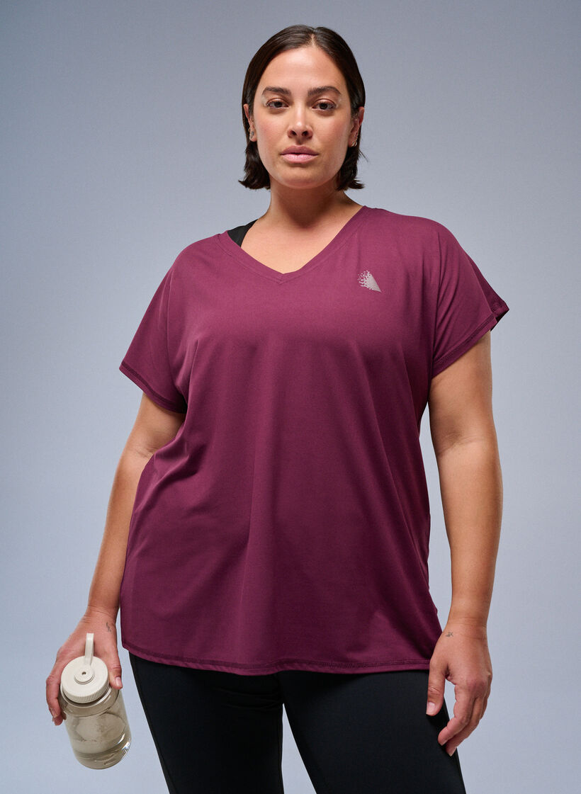 T-shirt de sport ample avec col en v, Bordeaux, Image image number 0