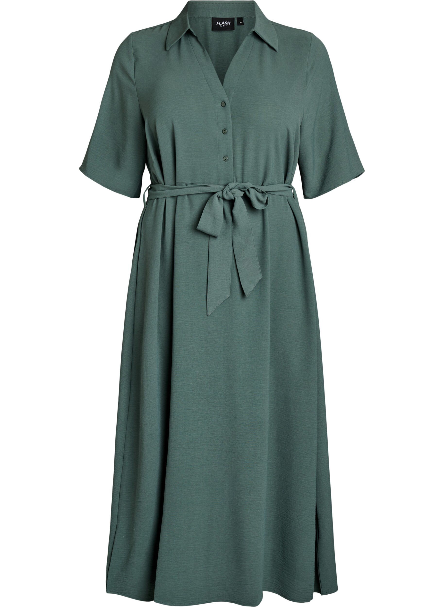 Zizzi Robe chemise midi avec ceinture &agrave; nouer, Vert fonc&eacute;, Packshot image number 0
