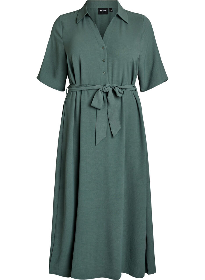 Robe chemise midi avec ceinture &agrave; nouer, Vert fonc&eacute;, Packshot image number 0