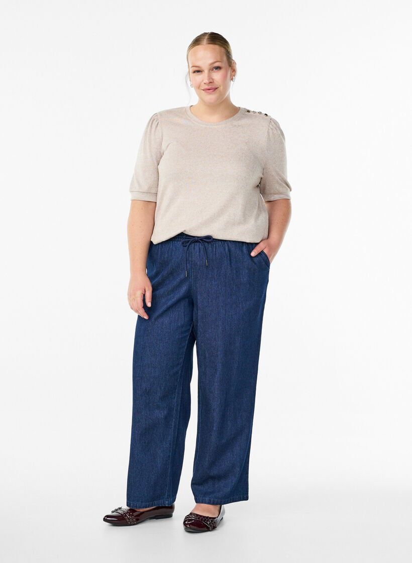 Bluse mit Knopfdetail und kurzen Puff&auml;rmeln, Beige, Model image number 1