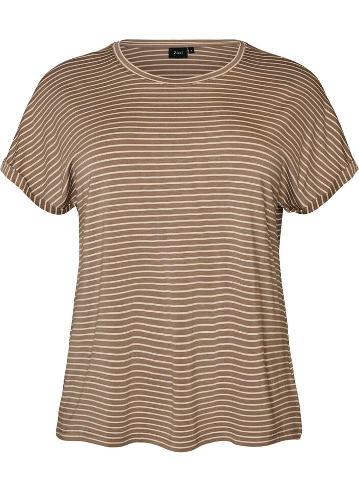 Gestreiftes T-Shirt aus Viskose mit Rundhalsausschnitt, Beige, Packshot image number 0