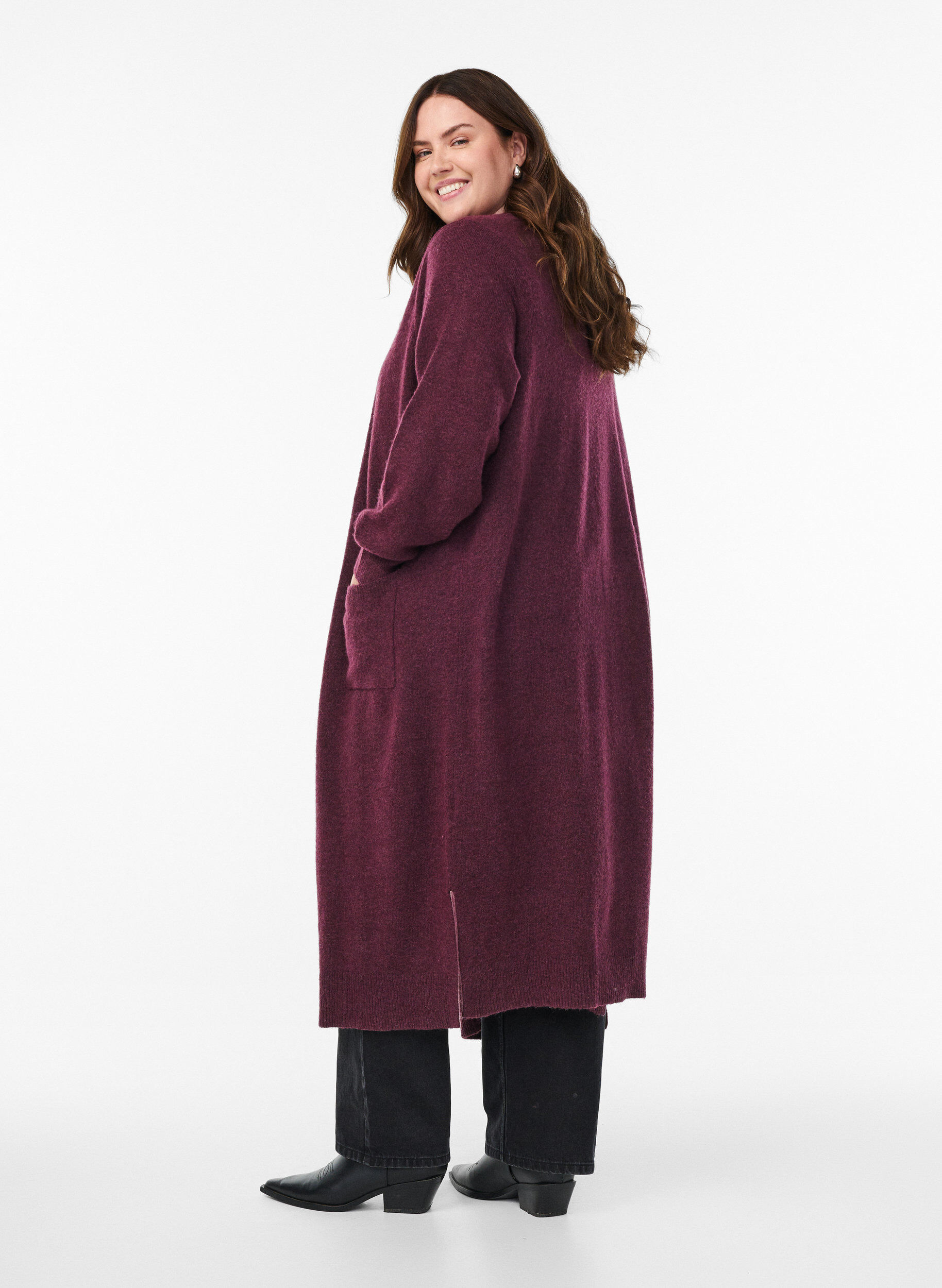 Zizzi Cardigan long en maille avec poches, Bordeaux, Model image number 1