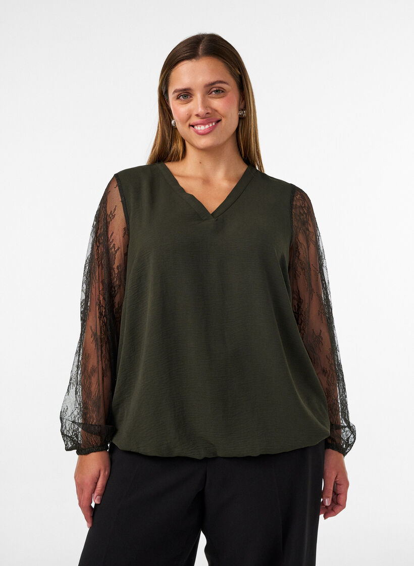 Bluse mit &Auml;rmeln aus Spitze und Ballonform, Gr&uuml;n, Model image number 0