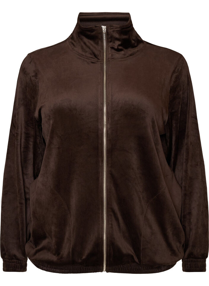 Cardigan en velours doux avec fermeture zipp&eacute;e et col montant, Marron, Packshot image number 0