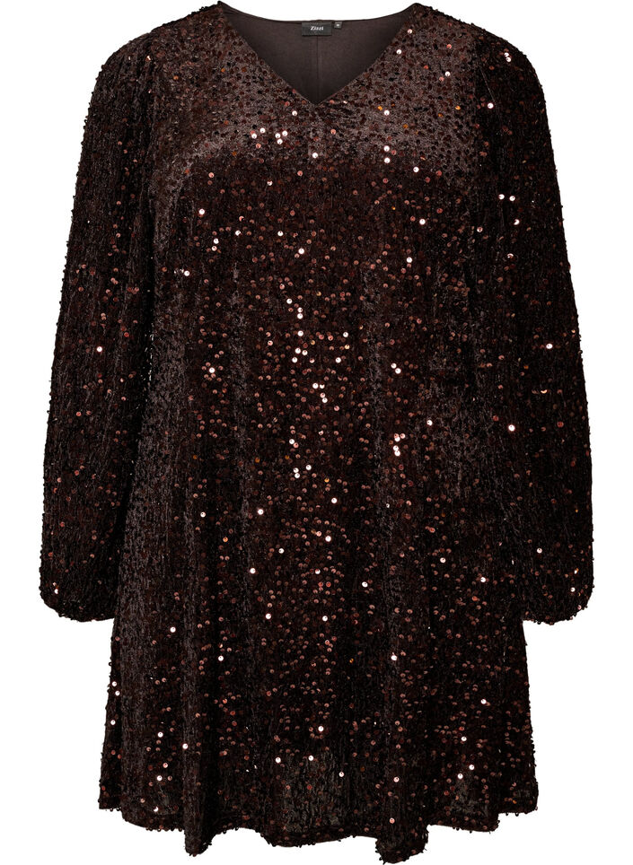 Robe courte en sequins &agrave; coupe trap&egrave;ze, Marron, Packshot image number 0