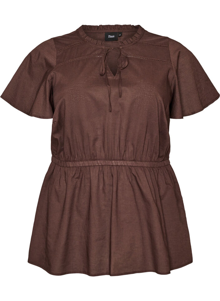 Baumwollbluse mit Bindeband und elastischer Taille, Braun, Packshot image number 0