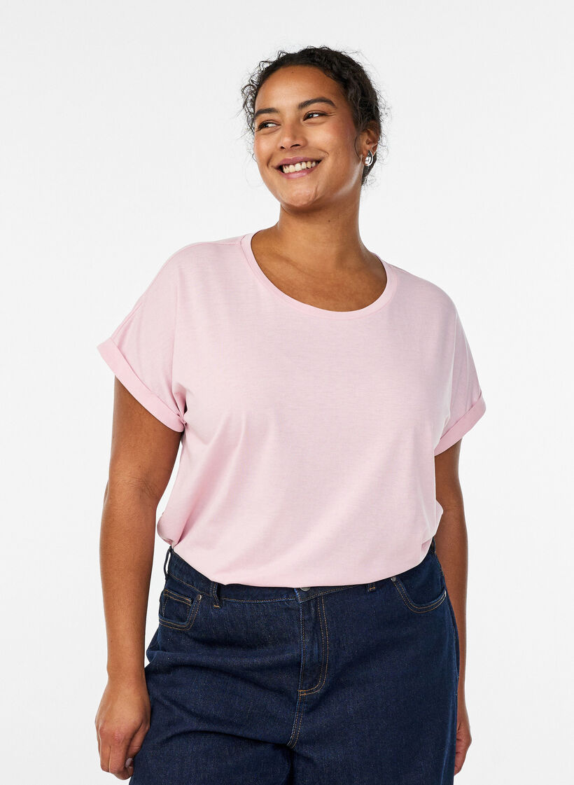 T-shirt &agrave; manches courtes en coton m&eacute;lang&eacute;, Rose, Model image number 0