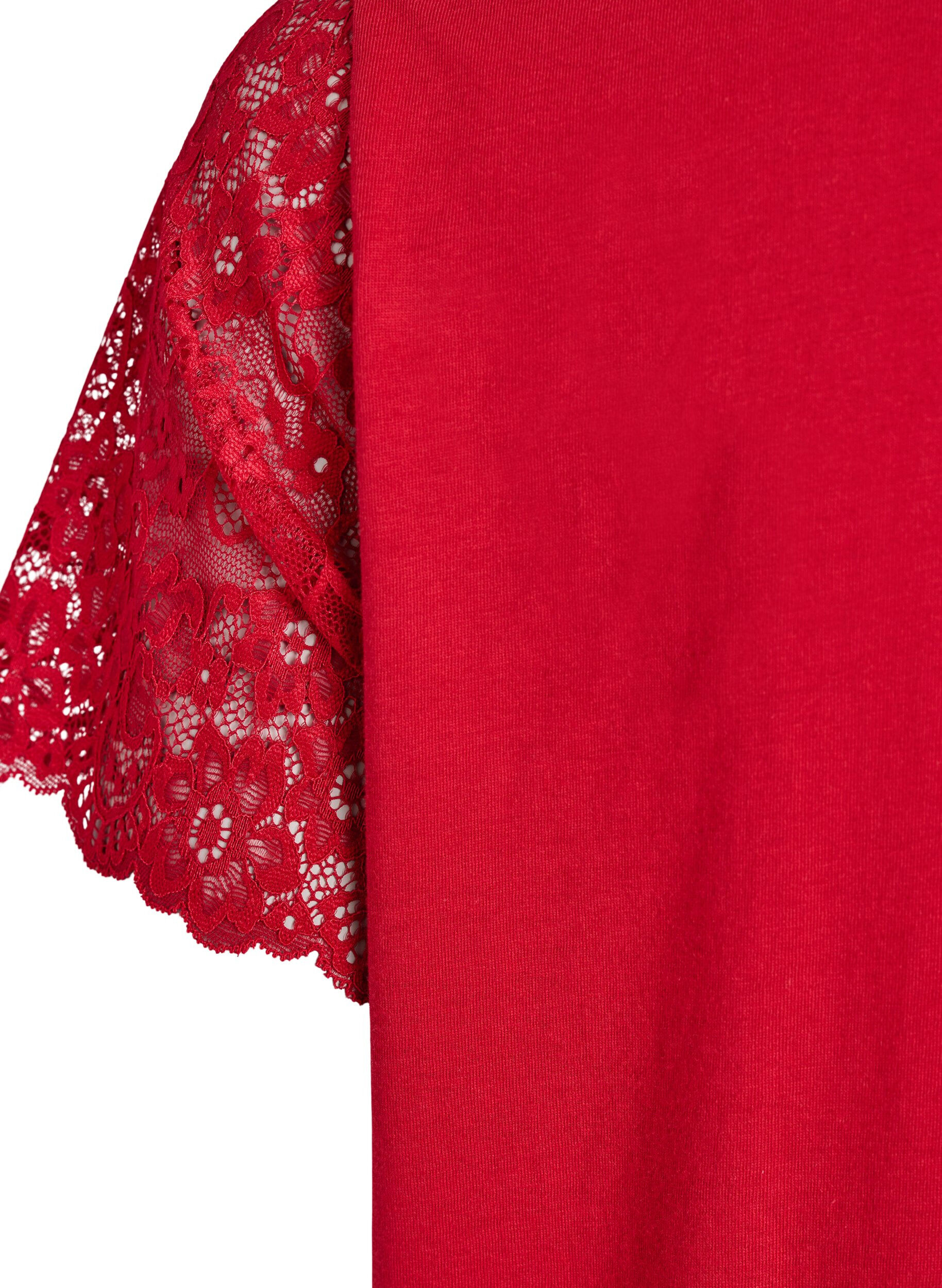 Zizzi T-shirt en coton avec manches courtes en dentelle, Rouge, Packshot image number 3