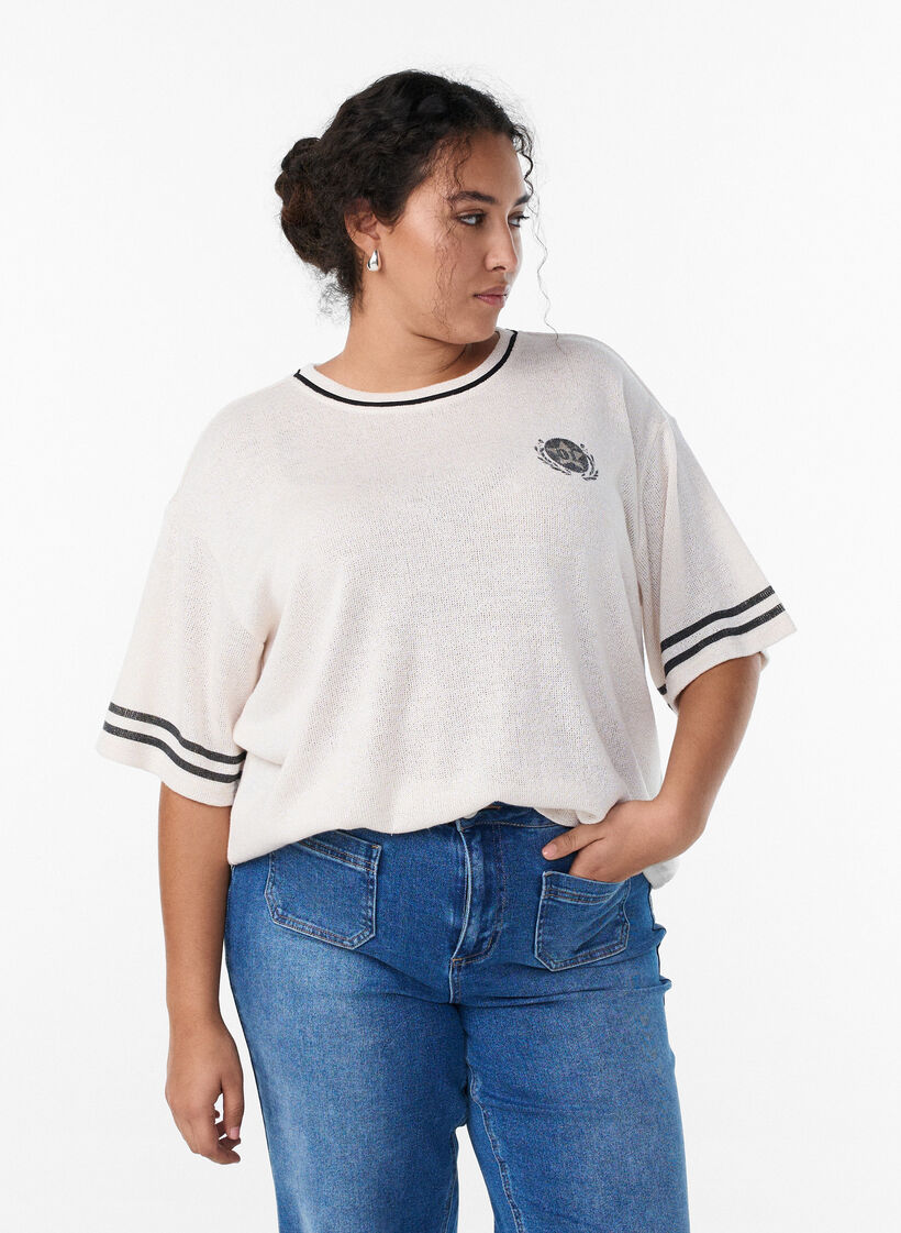 Blouse à manches courtes avec rayures contrastantes, Beige, Model image number 0