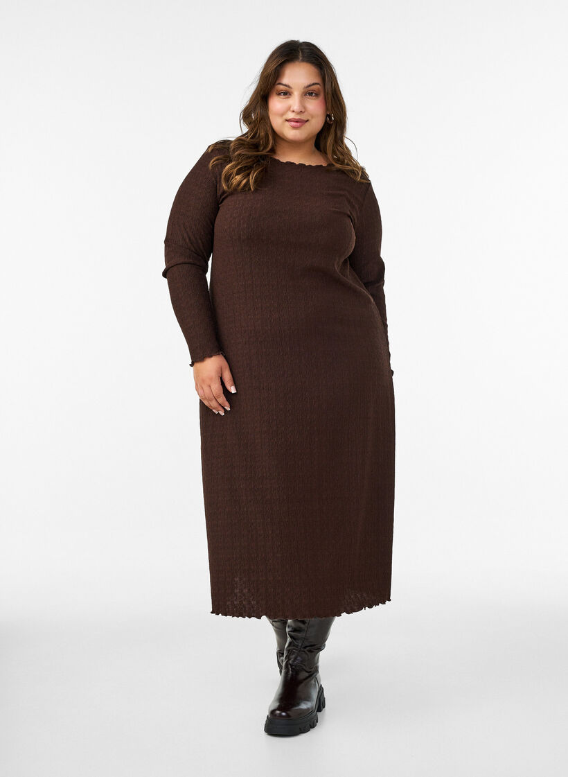 Robe midi avec une texture ondul&eacute;e et des manches longues, Marron, Model image number 0